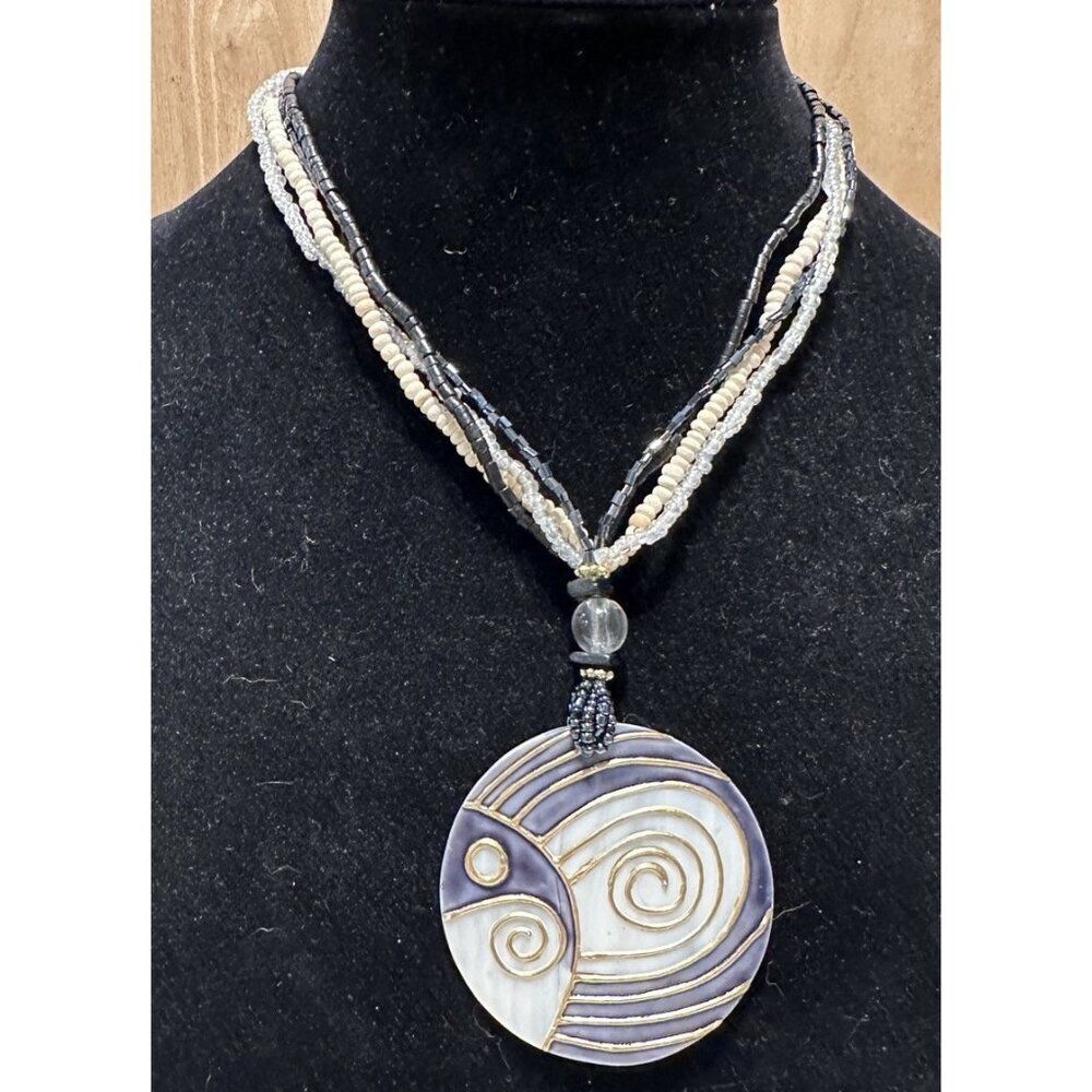 Seed Bead Necklace Mother Of Pearl Fish Medallion Beach Boho Statement